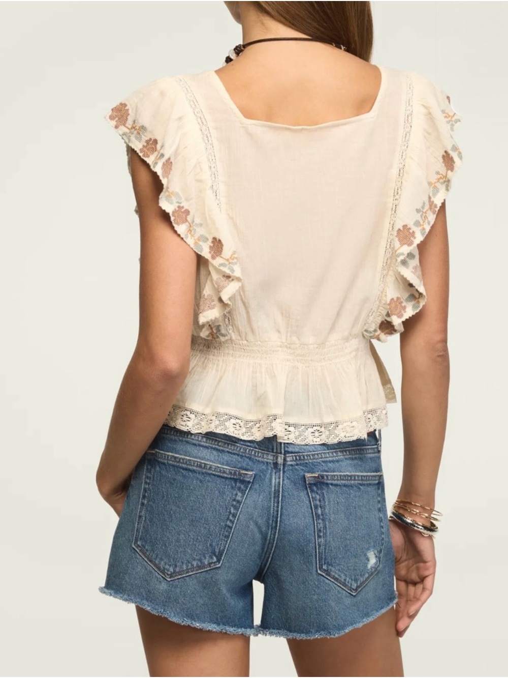 Lucky Brand Lace-Trim Square Neck Contrast Embroidered Ruffle Peplum Top - Picture 3 of 5